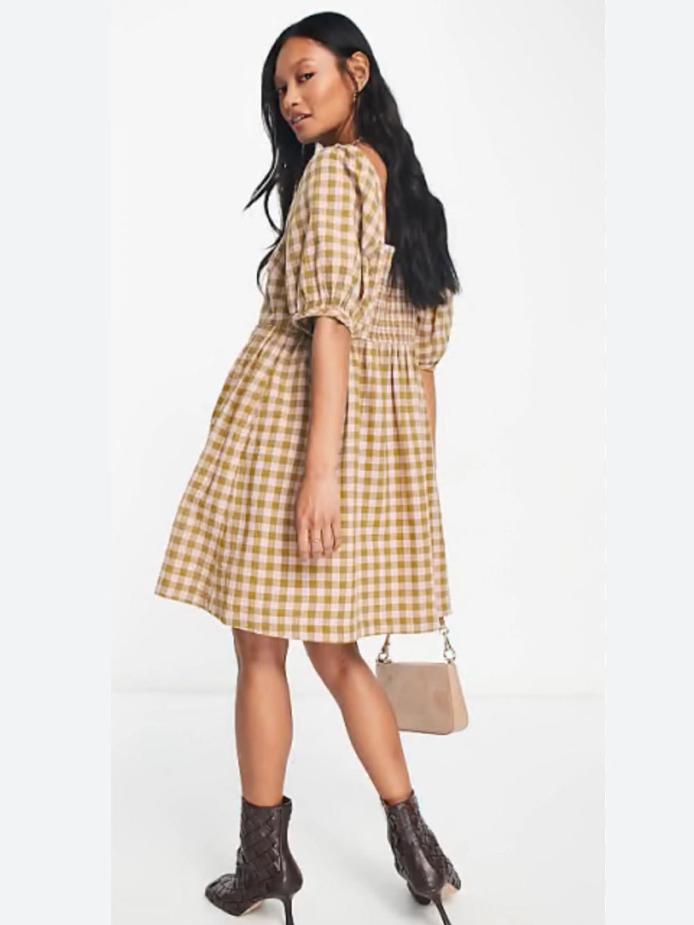 Madewell Square-Neck Puff-Sleeve Gingham Seersucker Dress Olive & Pink Sz M